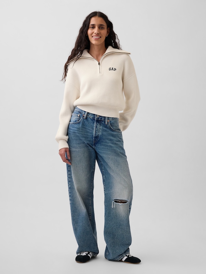 リラックスフィット GAPロゴ ハーフジップ プルオーバー クロップドセーター-1