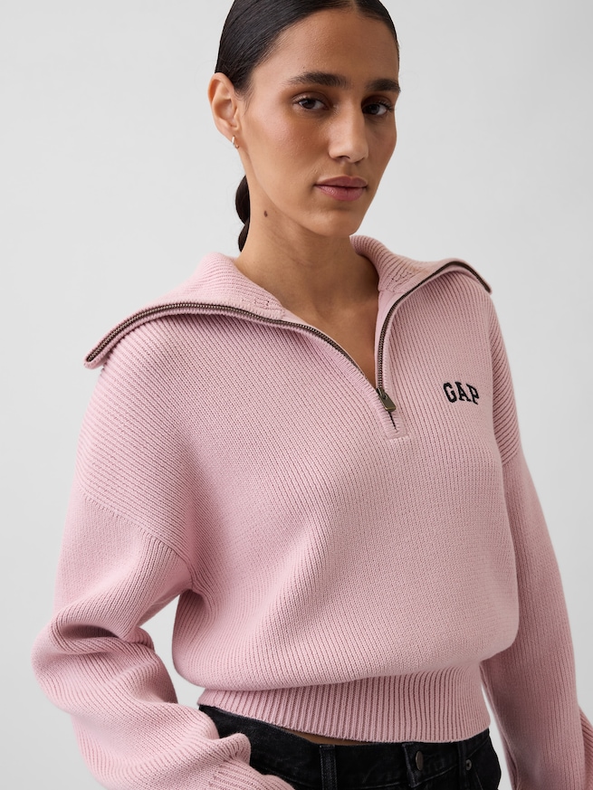 リラックスフィット GAPロゴ ハーフジップ プルオーバー クロップドセーター-3