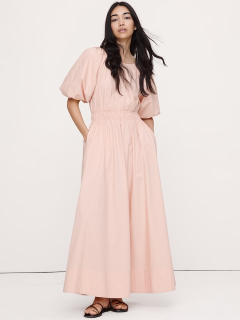 ROBE LONGUE À MANCHES BOUFFANTES EN POPELINE DE COTON