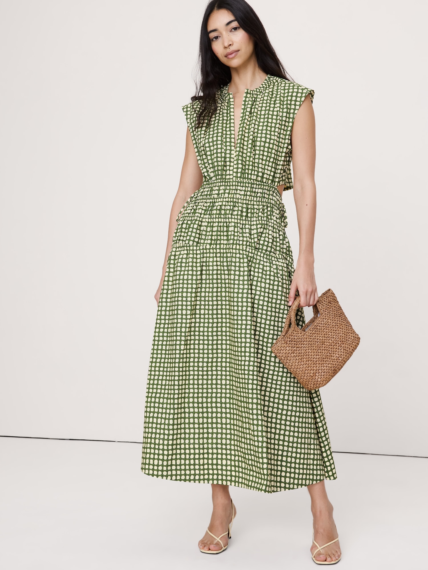 ROBE LONGUE À DOS DÉNUDÉ EN COTON ET POPELINE À FRONCES