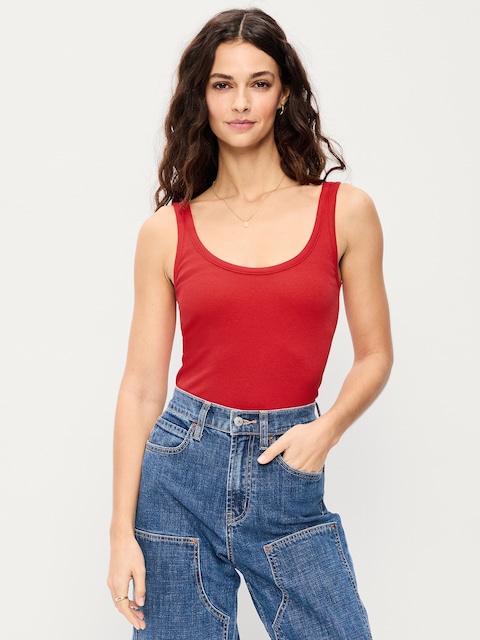 First-Layer Ribbed Scoop-Neck Tank Top
