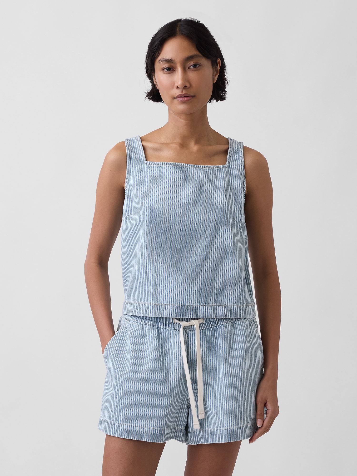 ウルトラソフトデニム ストライプ クロップド シェル タンクトップ-0