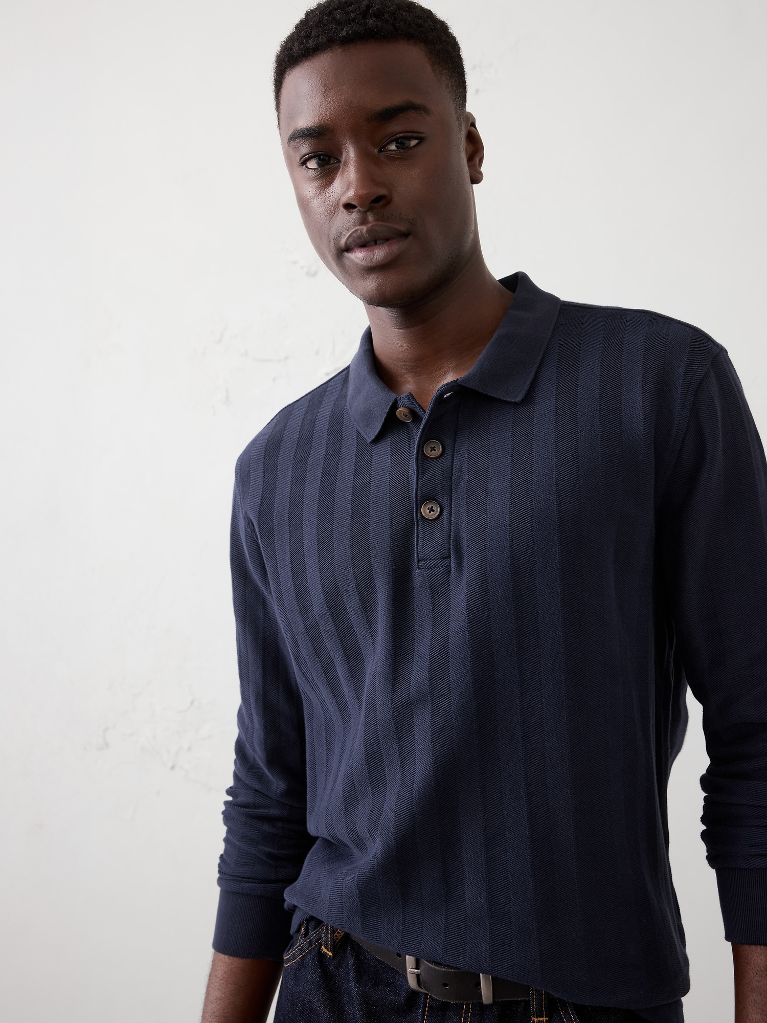 Standard-Fit Washed Herringbone Polo