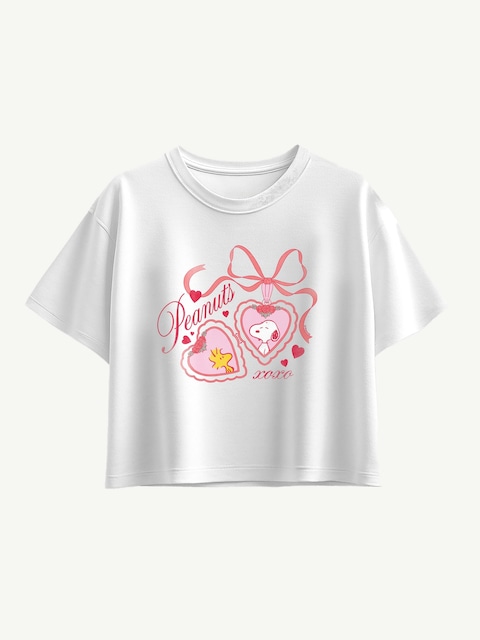 Peanuts Snoopy  Woodstock Heart Locket Short Sleeve Boxy Graphic T-Shirt For Girls