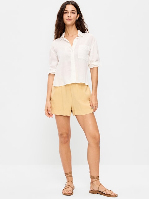 High-Waisted Beach Linen Pull-On Shorts
