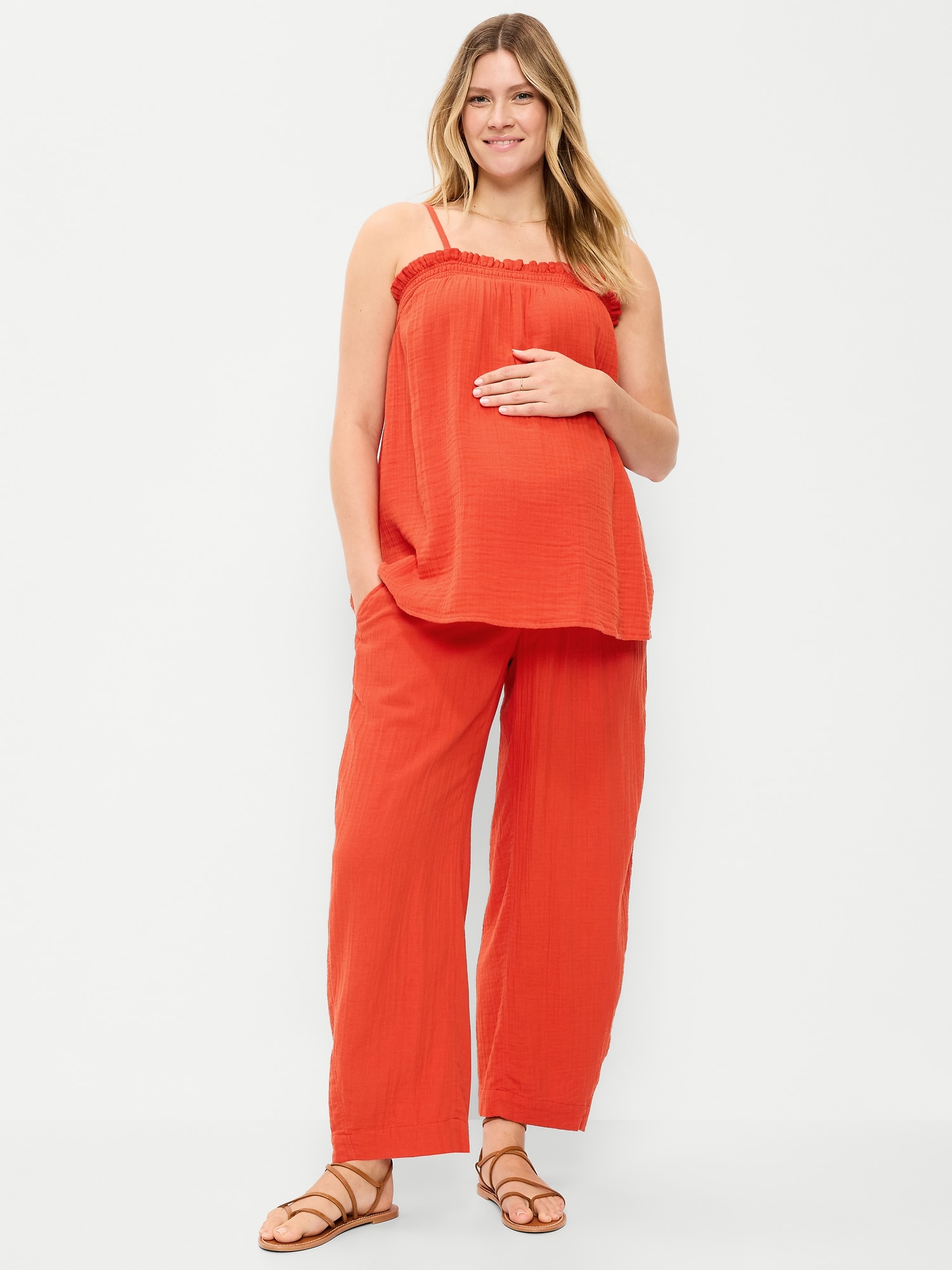 Maternity Rollover-Waist Crinkle Gauze Barrel Leg Ankle Pants