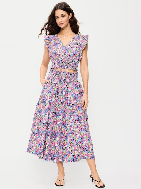 Smocked-Waist Midi Skirt