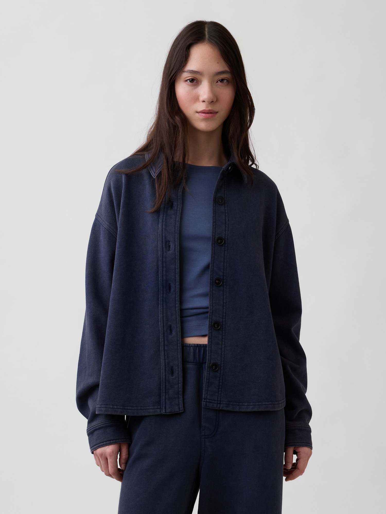 French Terry Oversized Button-Front Shirt