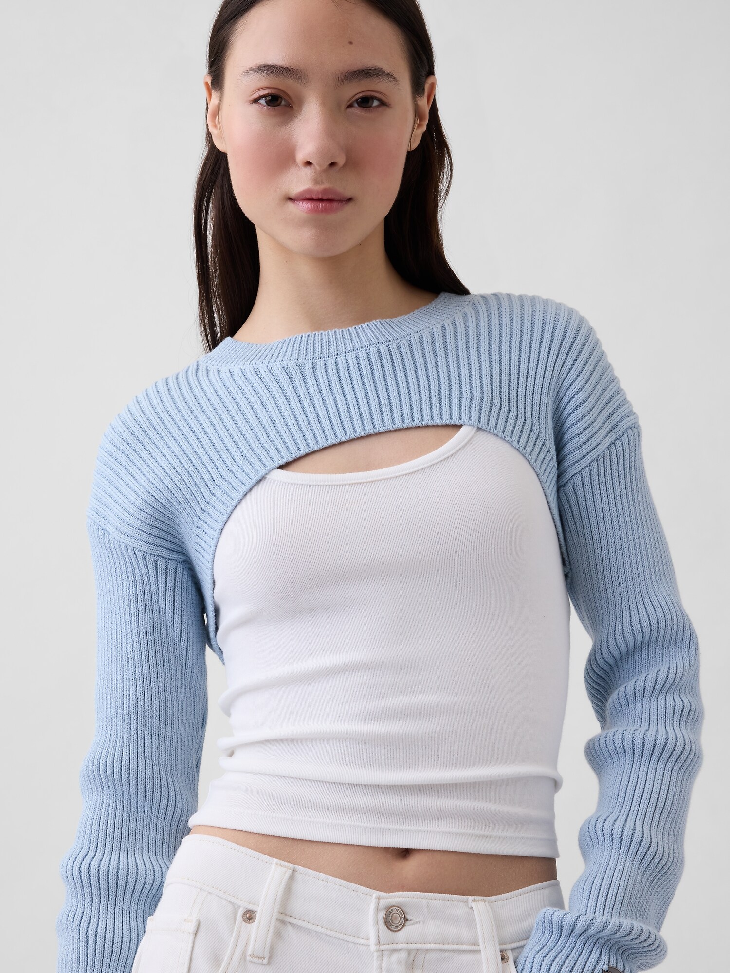 コットン100% リラックスフィット リブ ボレロセーター-3