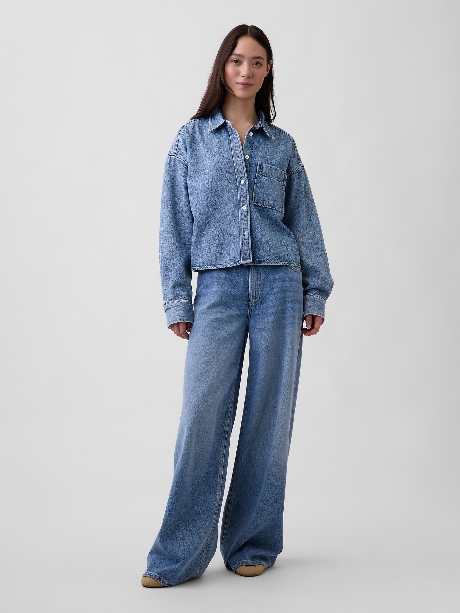 UltraSoft Denim Oversized Straight-Hem Crop Shirt