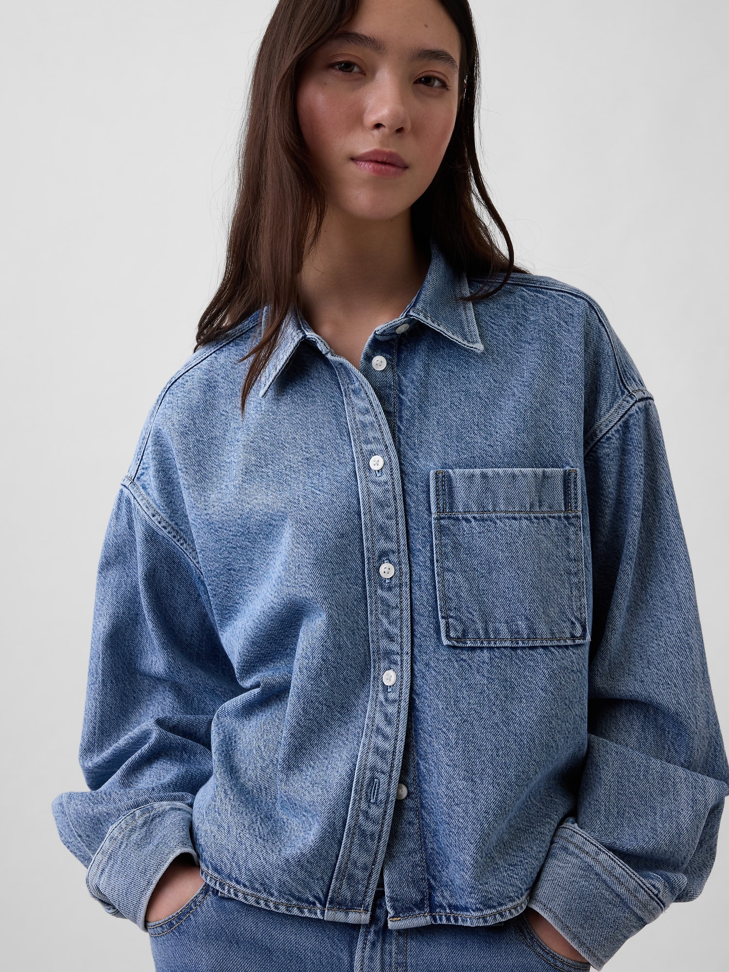UltraSoft Denim Oversized Straight-Hem Crop Shirt