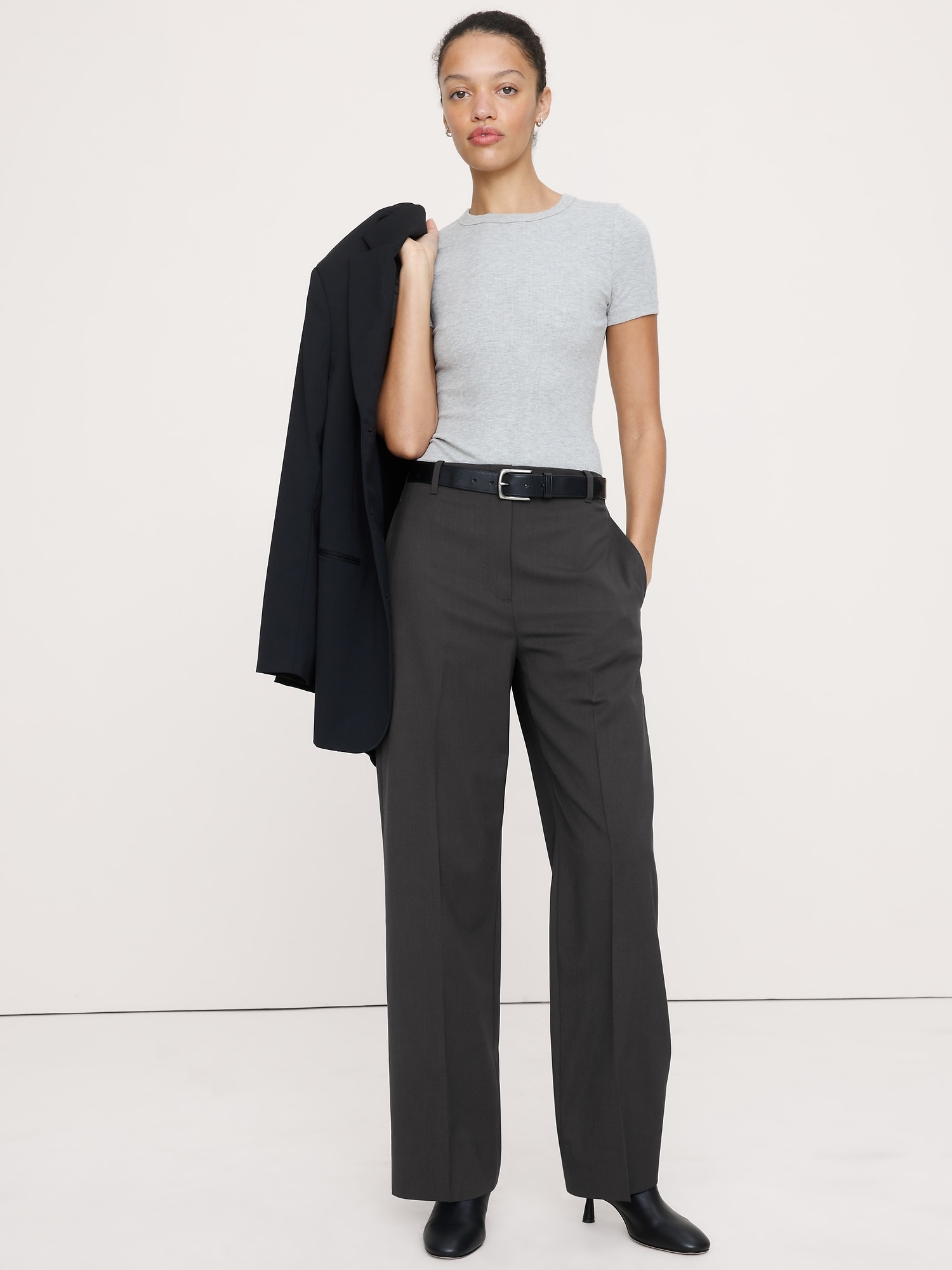 PANTALON DROIT MODERNE À TAILLE HAUTE EN LAINE ITALIENNE