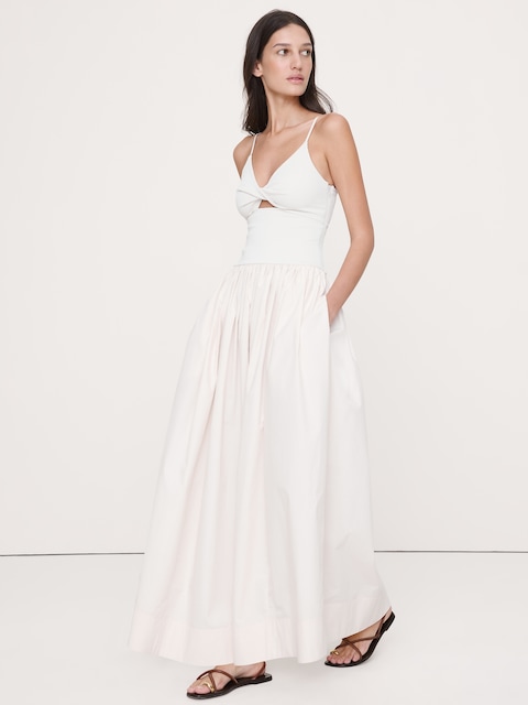 ROBE LONGUE À DEVANT TORSADÉ EN TRICOT DE JERSEY ET POPELINE