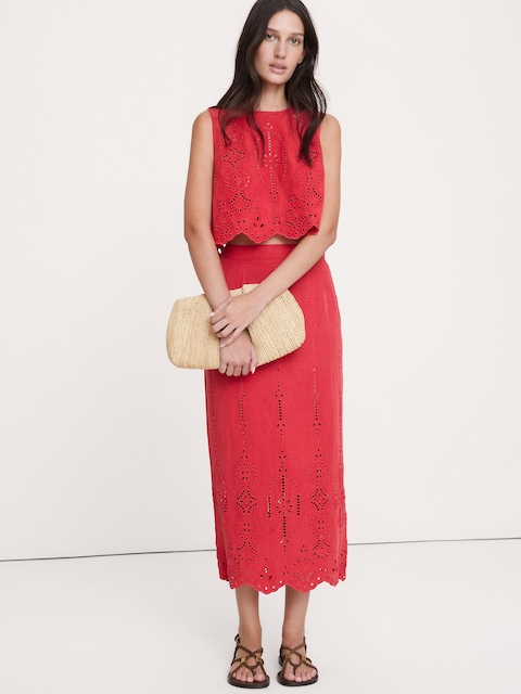 JUPE LONGUE À BRODERIE ANGLAISE EN LIN ET TENCEL™