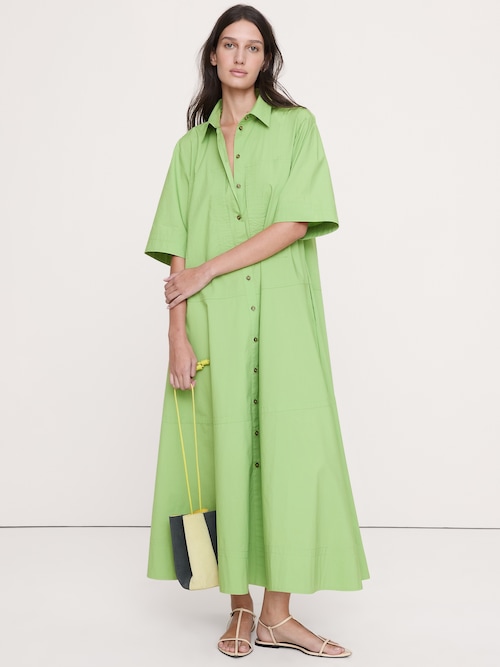 コットン ポプリン トラペーズ マキシ シャツドレス