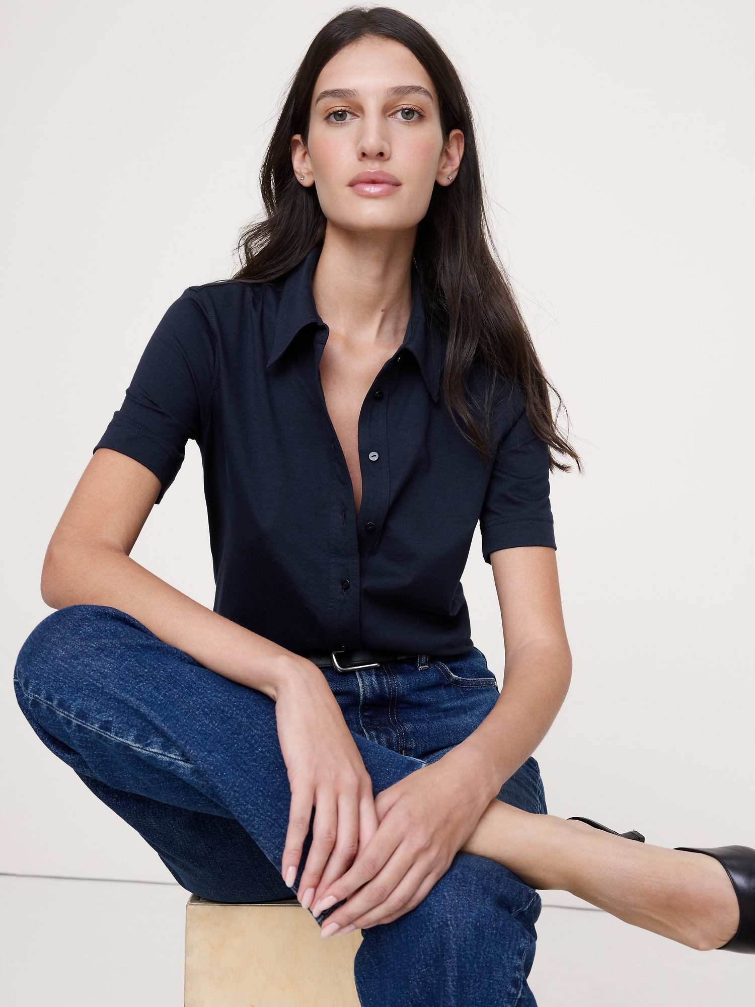Silky Cotton Short-Sleeve Button-Down Top