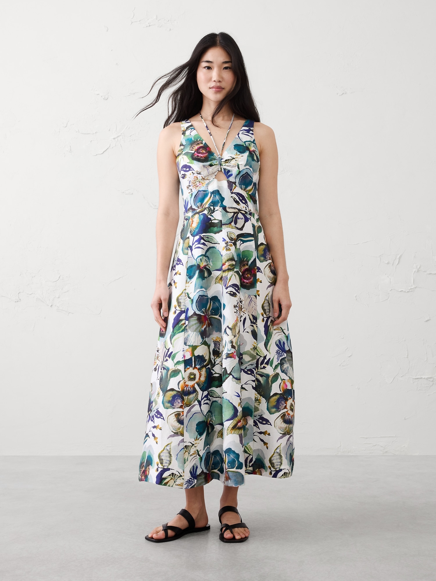 Linen-Blend Cutout Tie-Front Midi Dress
