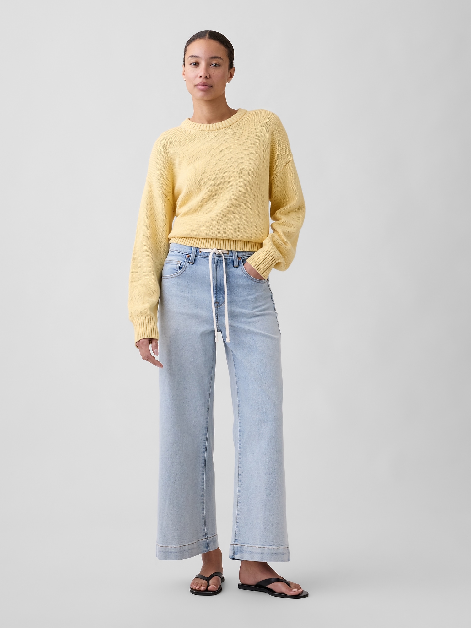 High Rise Drawstring Wide-Leg Crop Jeans