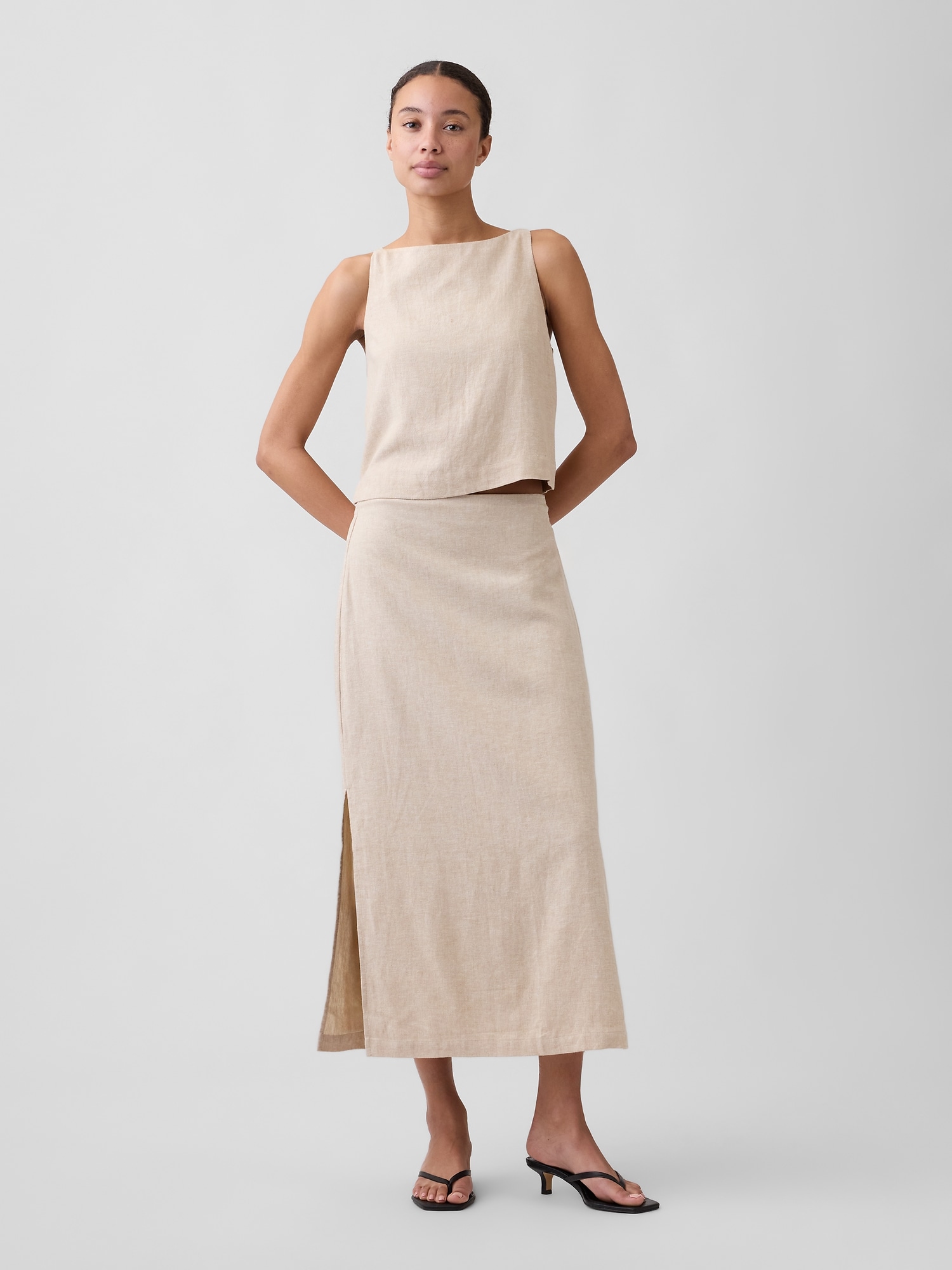 Linen-Blend Maxi Slip Skirt
