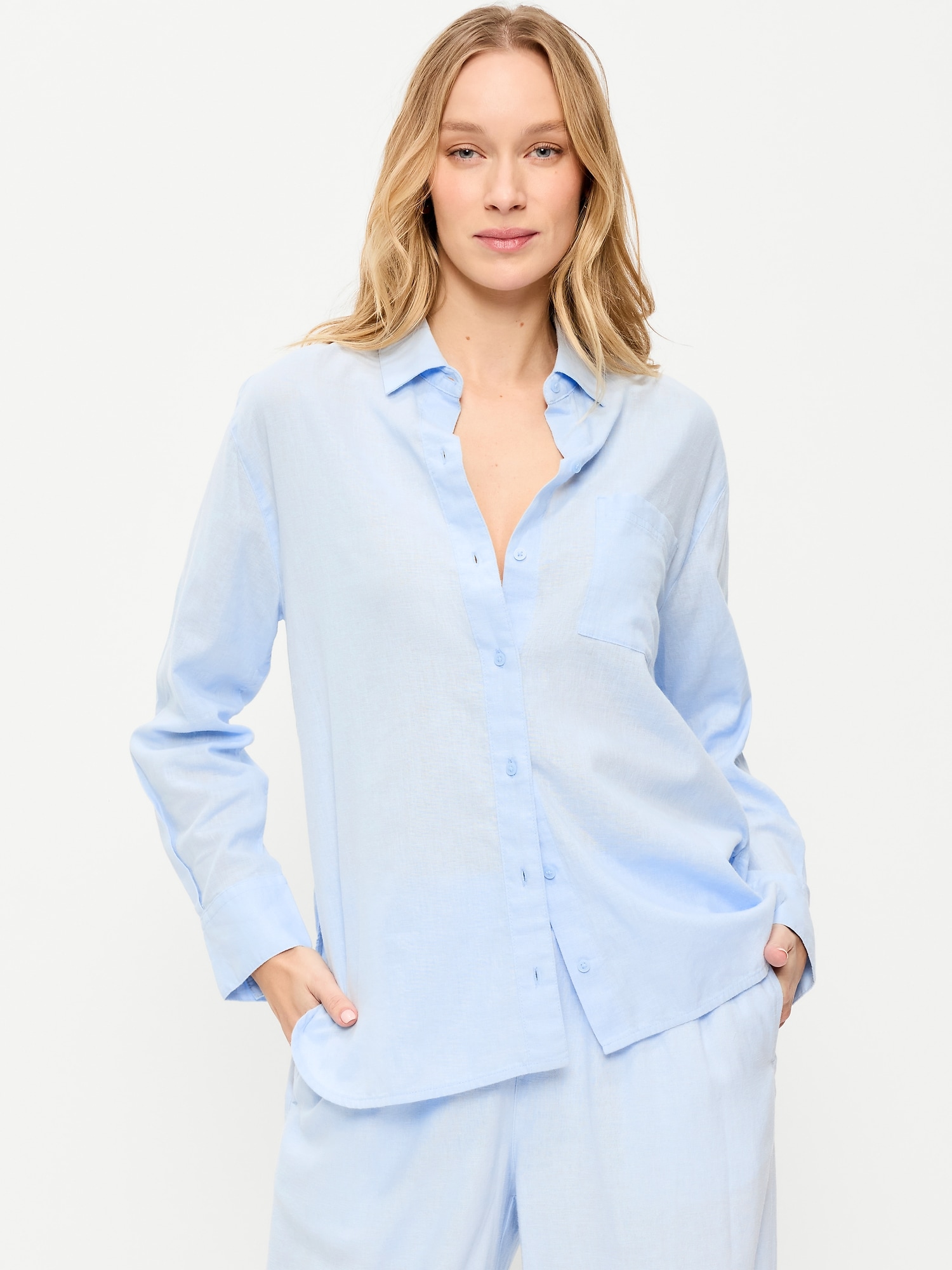 Linen-Blend Loose Button-Down Shirt