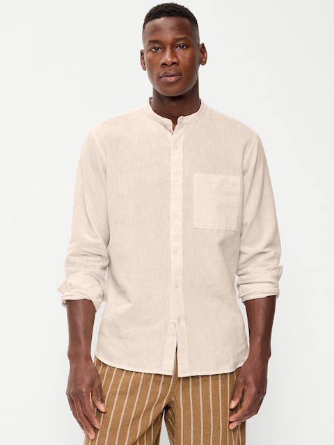 CHEMISE COUPE CLASSIQUE À COL À BANDE EN MÉLANGE DE LIN