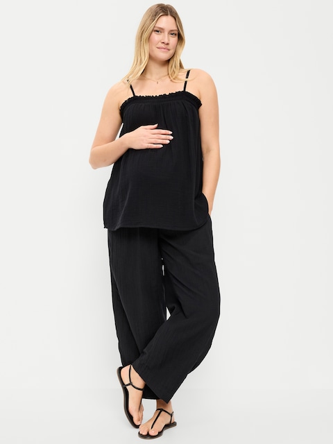 Maternity Rollover-Waist Crinkle Gauze Barrel Leg Ankle Pants