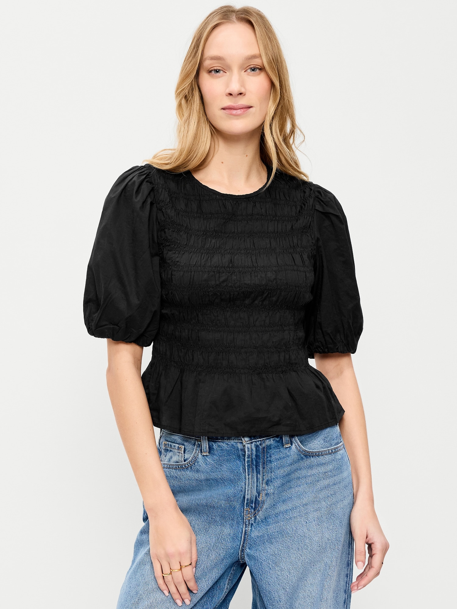 Puff Sleeve Peplum Smocked Top