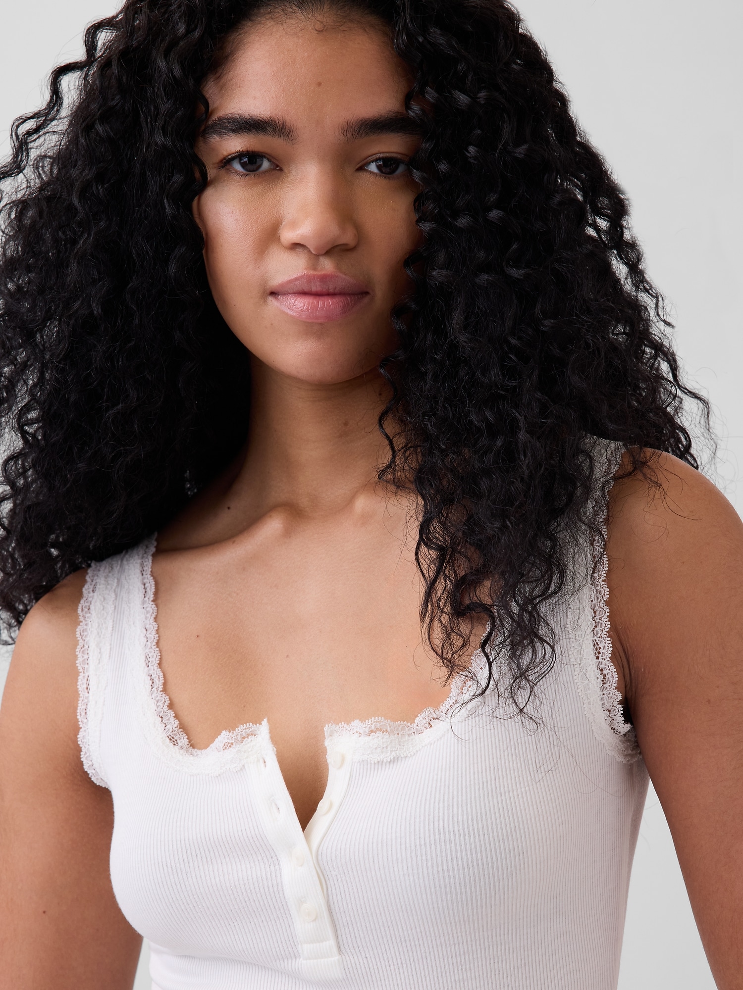 細リブ レース ヘンリーネック パジャマタンクトップ-3