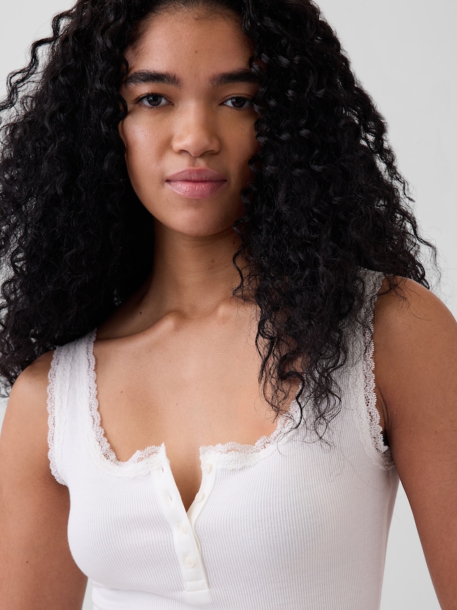 細リブ レース ヘンリーネック パジャマタンクトップ-3