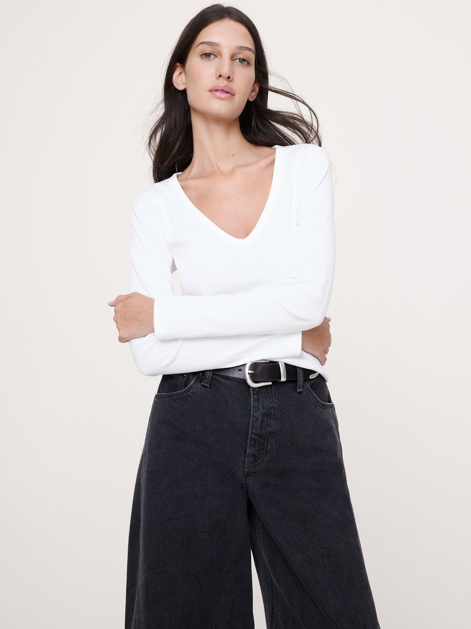 Minimalist Cotton Long-Sleeve V-Neck T-Shirt