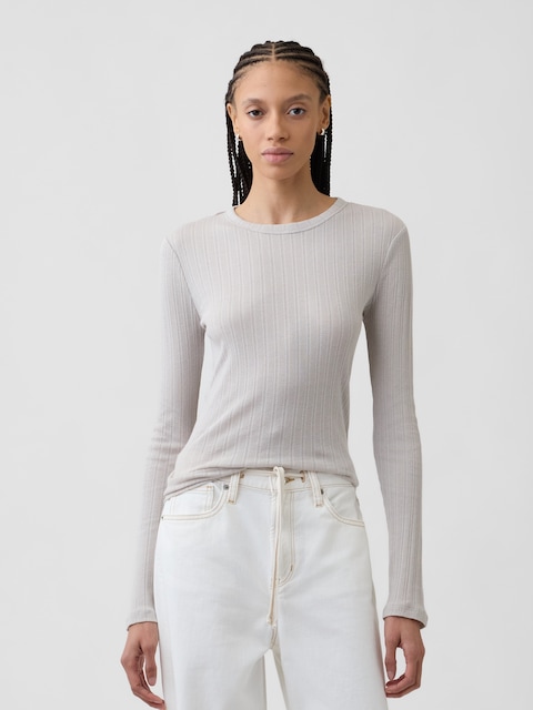 Ribbed Pointelle Crewneck T-Shirt