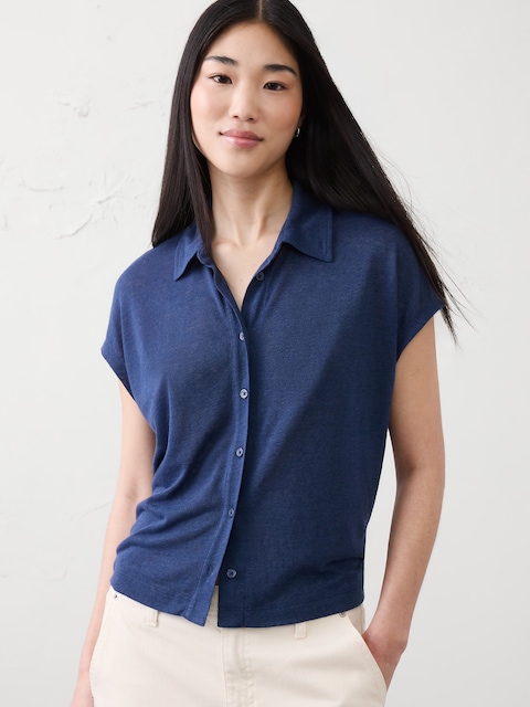 Linen-Blend Collared Top