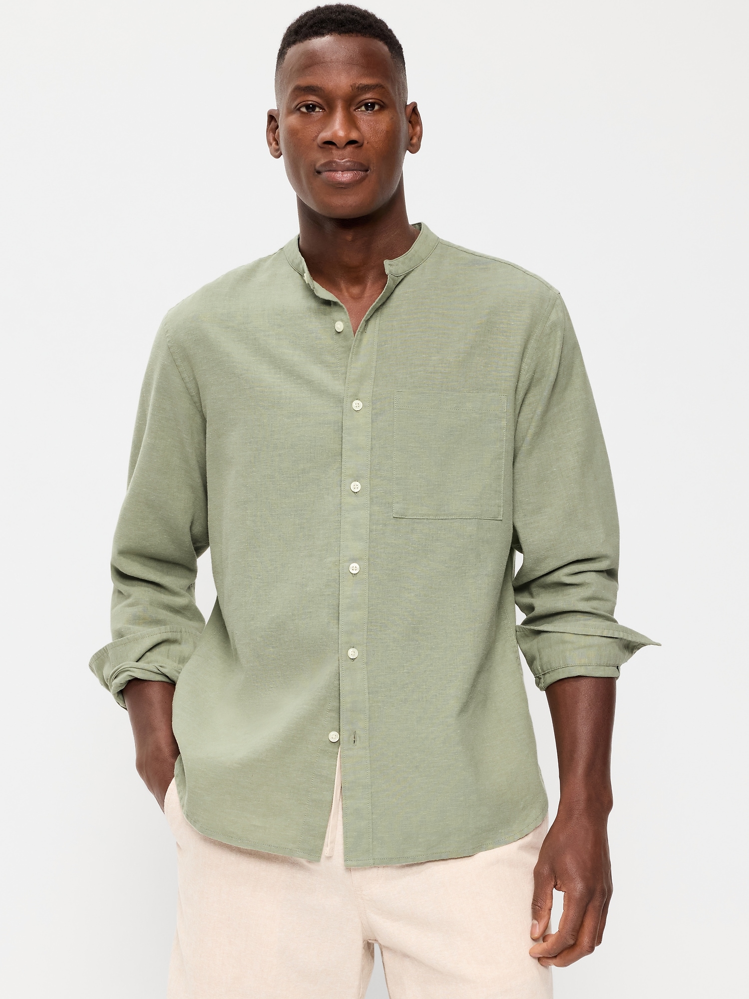 CHEMISE COUPE CLASSIQUE À COL À BANDE EN MÉLANGE DE LIN