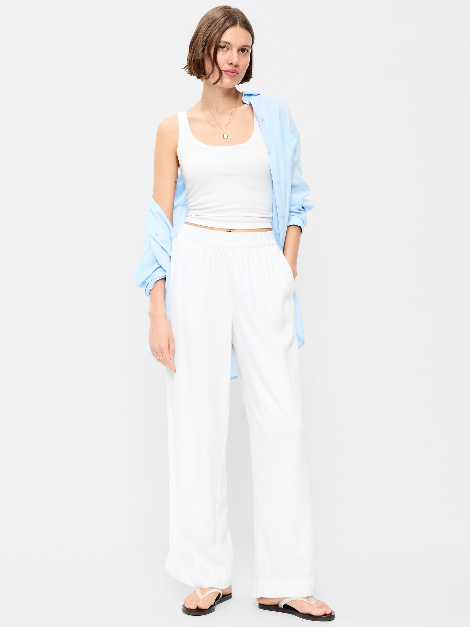 PANTALON À JAMBE LARGE EN MÉLANGE DE LIN TAILLE HAUTE