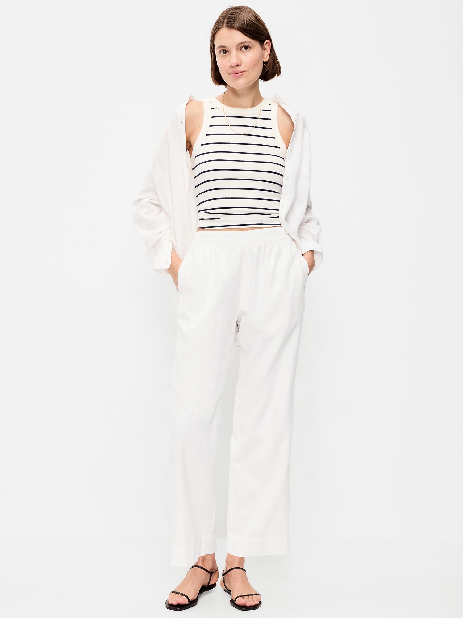 High-Waisted Linen-Blend Straight Ankle Pants
