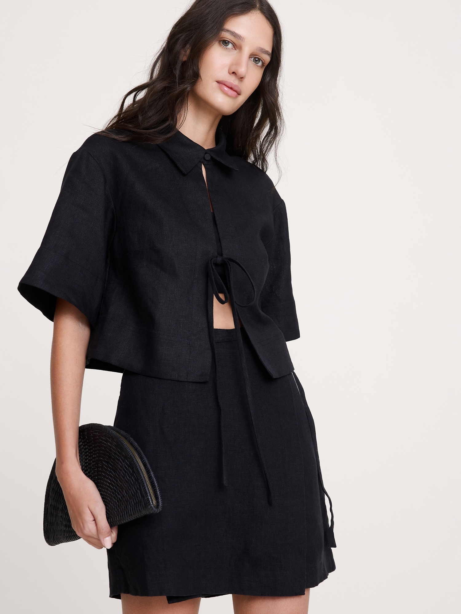 リネン タイフロント シャツ-0