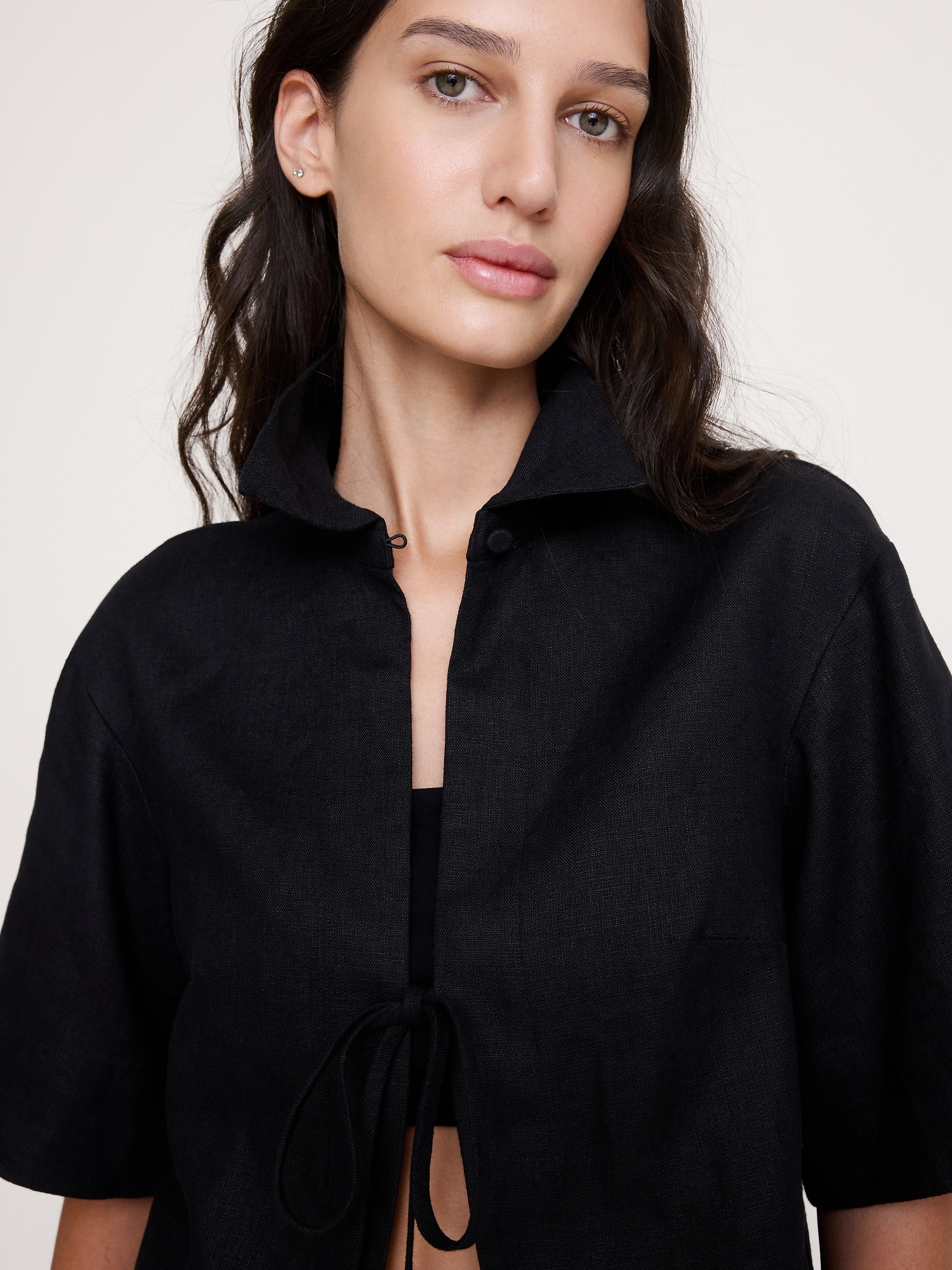 リネン タイフロント シャツ-2