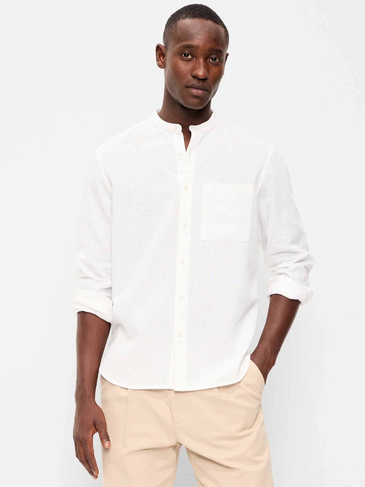 CHEMISE COUPE CLASSIQUE À COL À BANDE EN MÉLANGE DE LIN