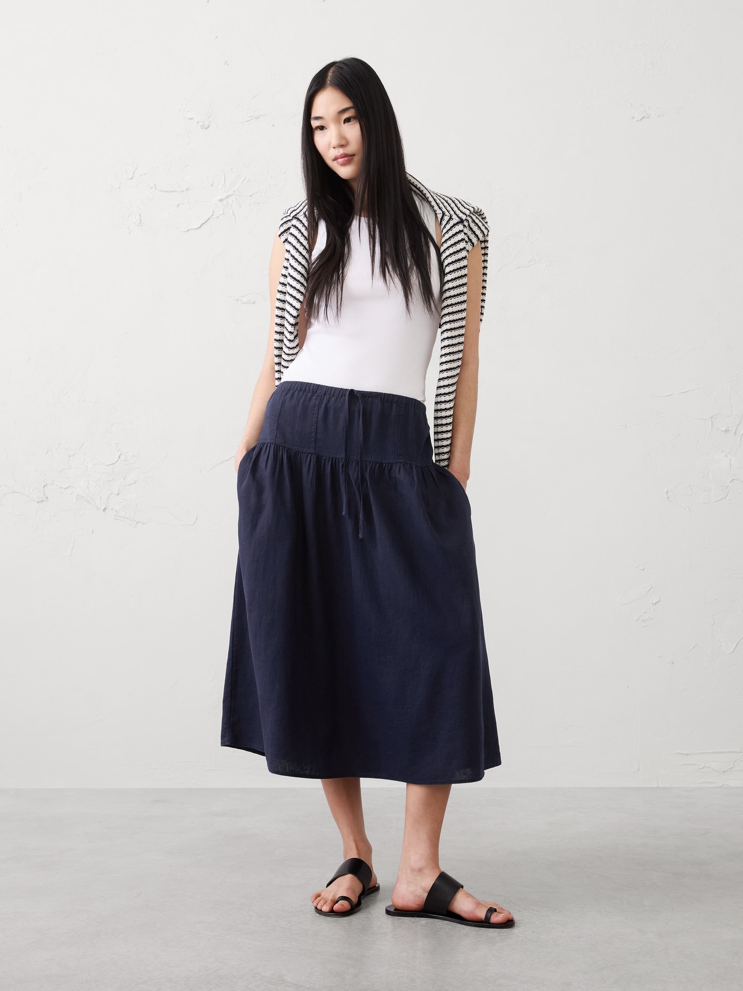 Linen-Blend Drop-Waist Midi Skirt