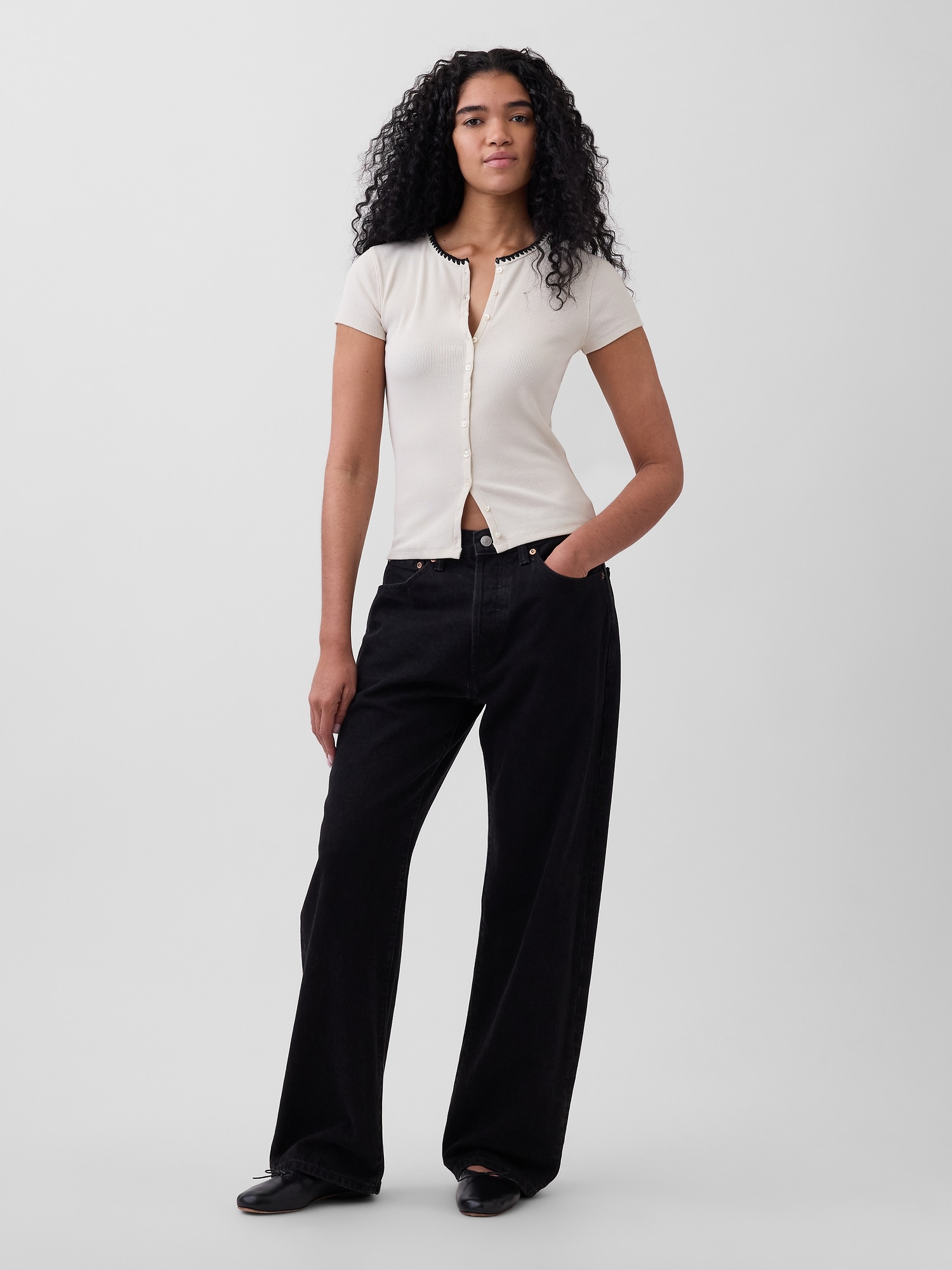 モダン リブ フロントボタン クルーTシャツ-1