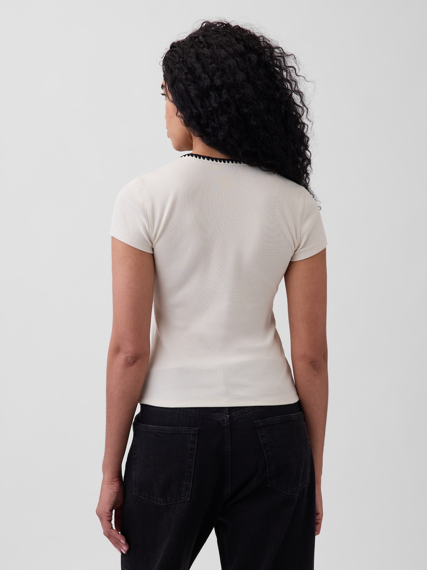 モダン リブ フロントボタン クルーTシャツ-2