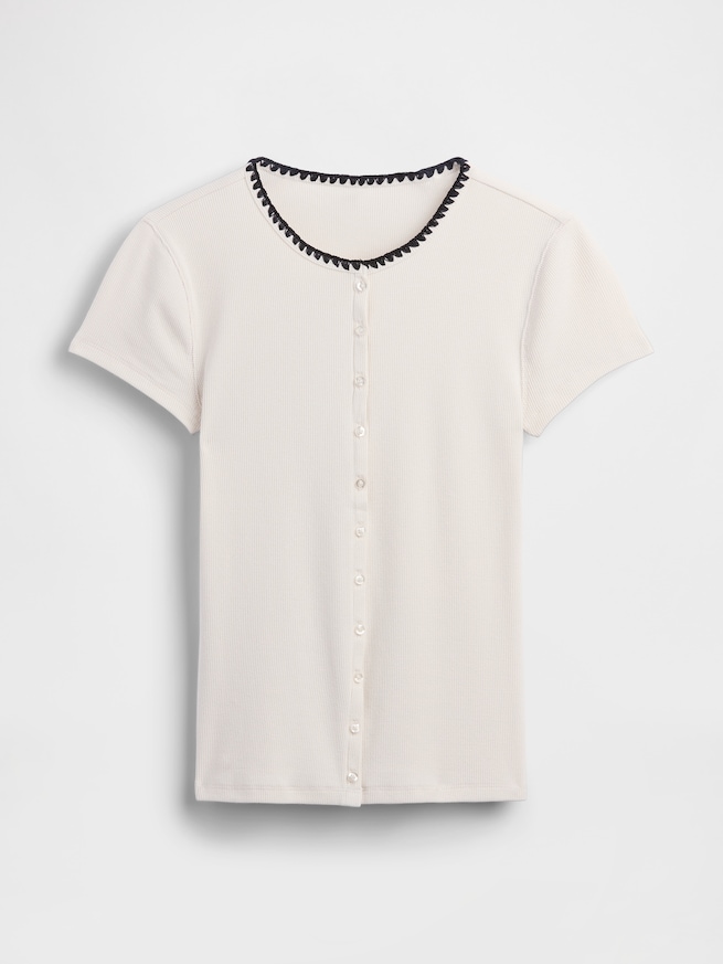 モダン リブ フロントボタン クルーTシャツ-4