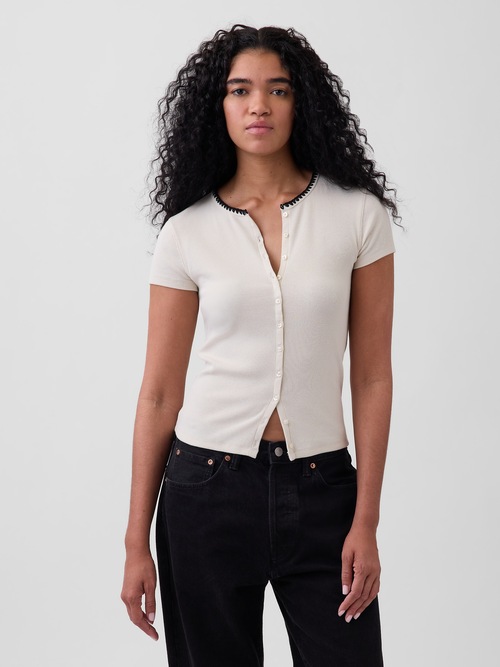 モダン リブ フロントボタン クルーTシャツ