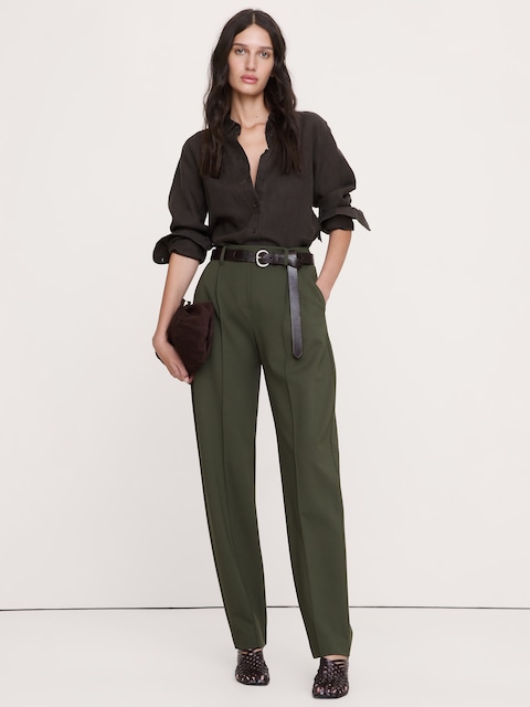 PANTALON À TAILLE HAUTE EXTENSIBLE, JAMBE FUSELÉE, EN TRICOT POINT DE ROME FLUIDE