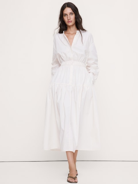 ROBE-CHEMISIER MI-LONGUE EN POPELINE DE COTON À DOS DÉGAGÉ