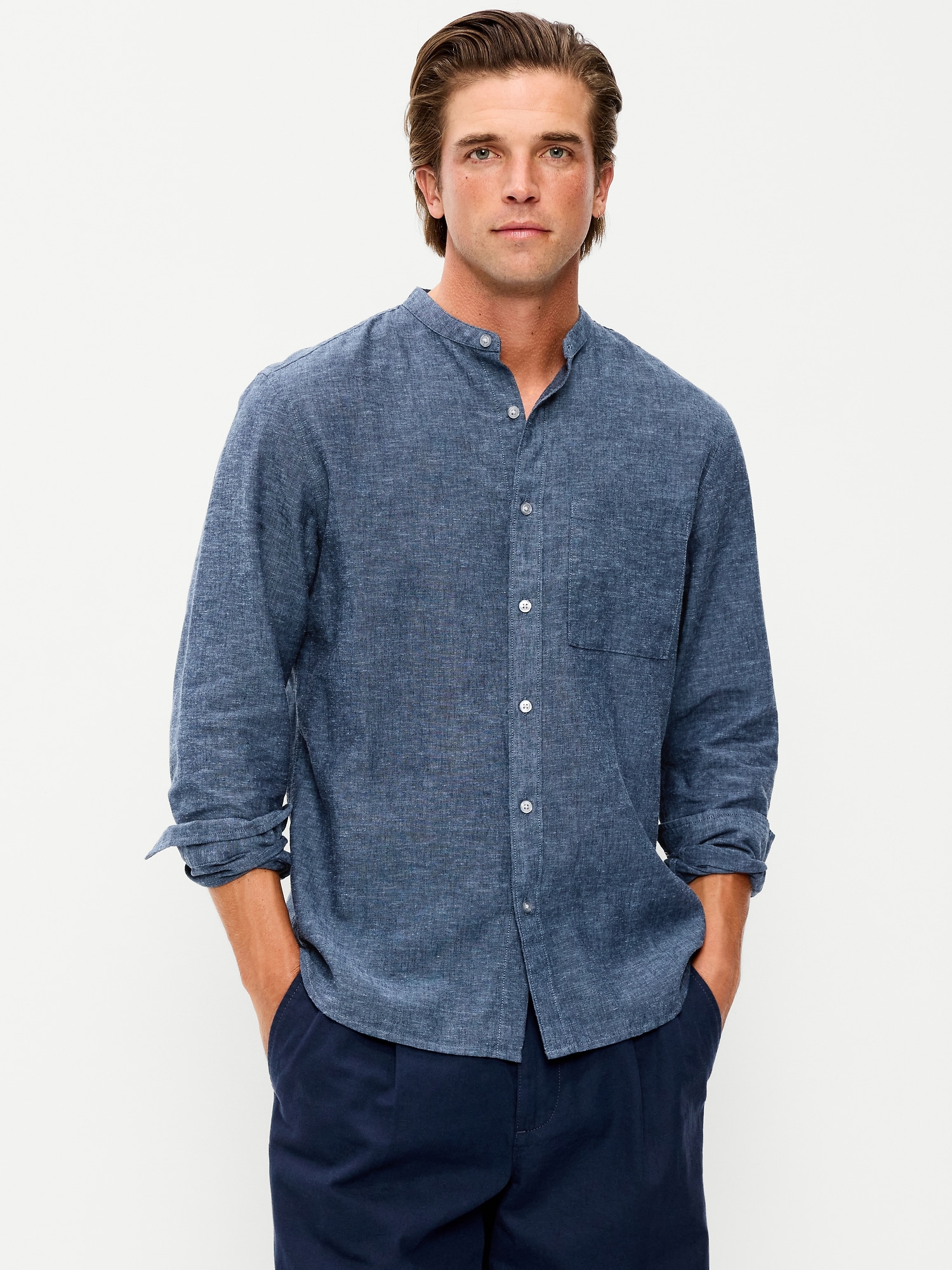 Classic Fit Banded Collar Linen-Blend Shirt