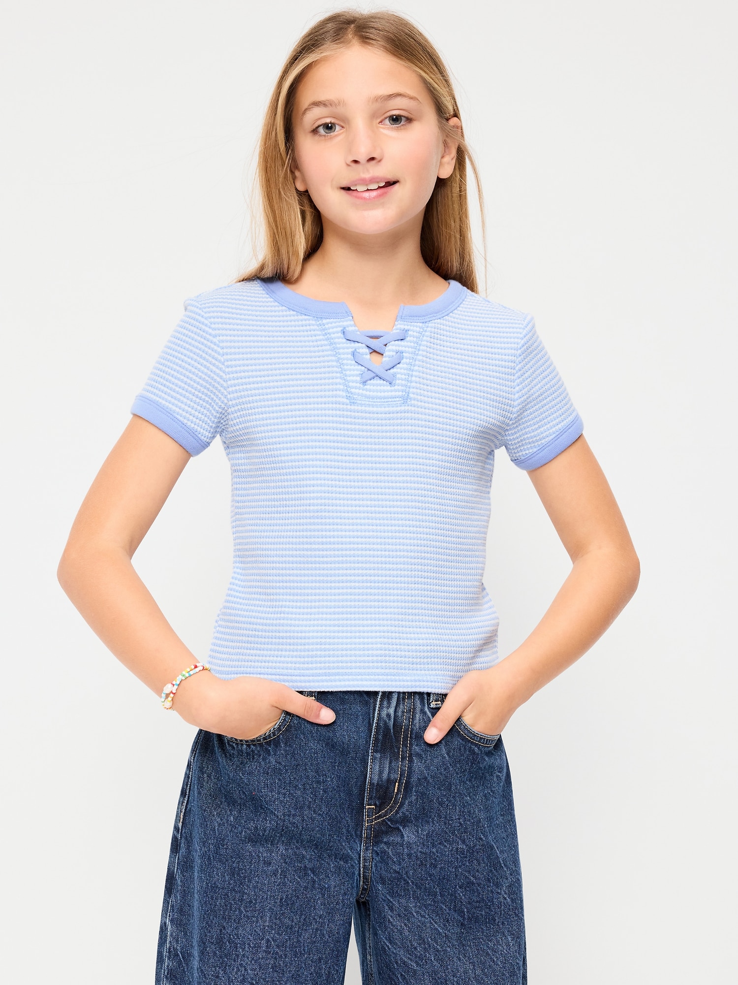 Fitted Lace-Front Waffle-Knit Top for Girls