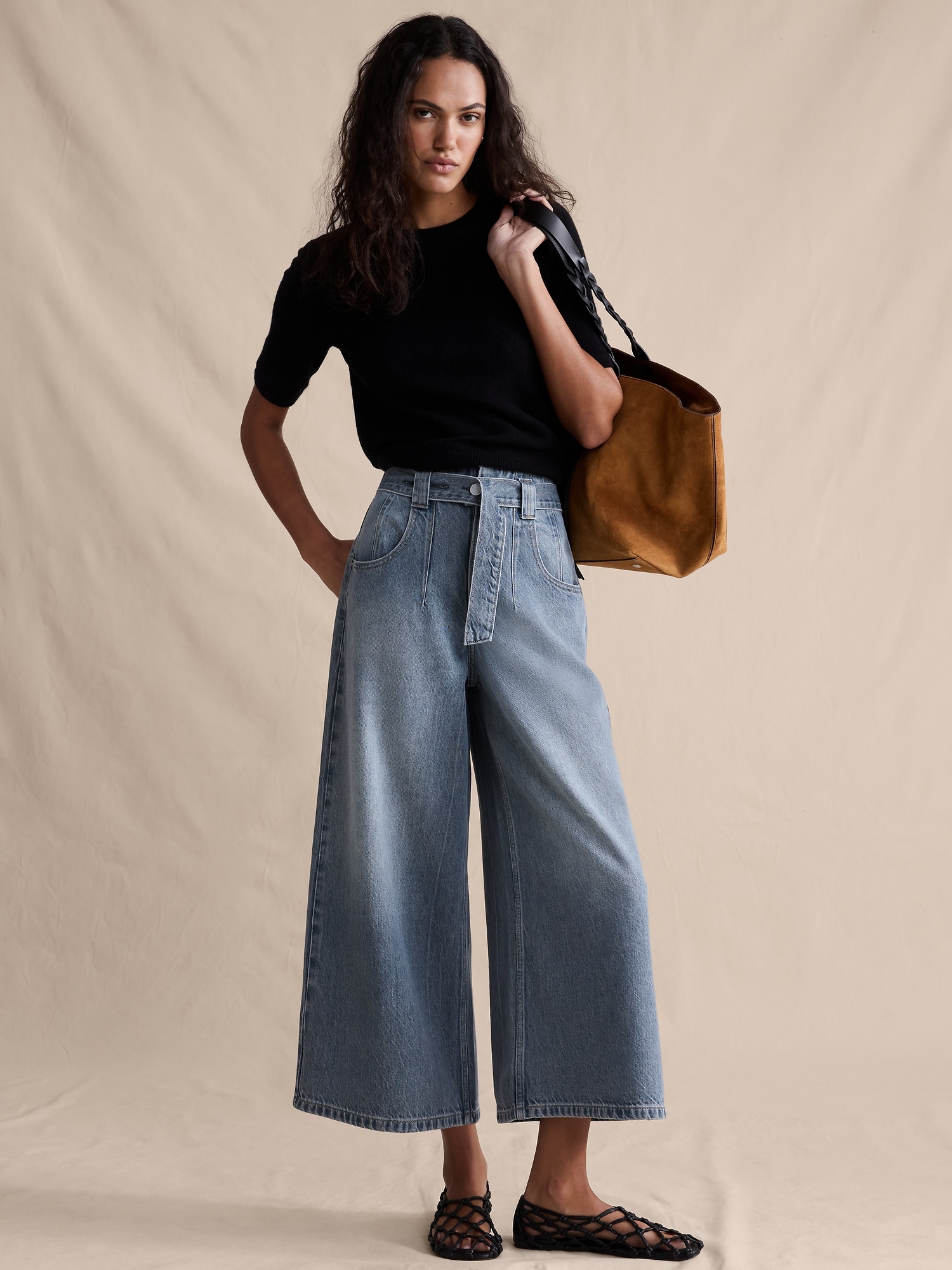 JUPE-CULOTTE LÉGÈRE EN DENIM À TAILLE TRÈS HAUTE