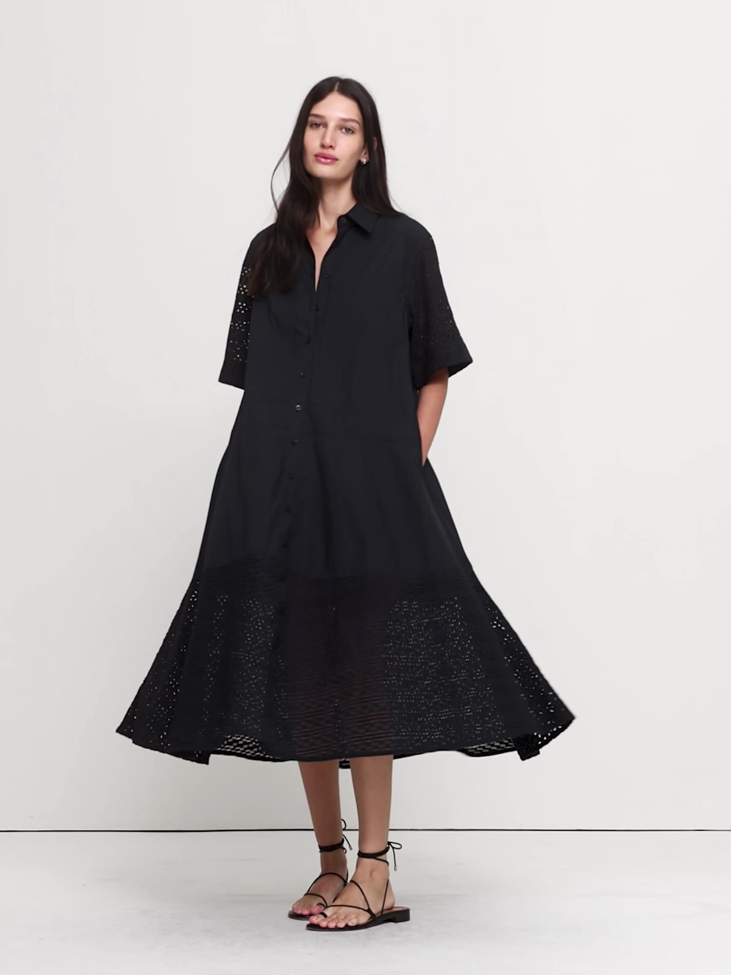 アイレット トラペーズ マキシ シャツ ドレス-5