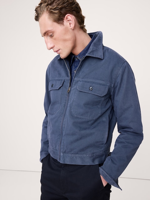 VESTE DE MÉCANO EN SERGÉ DE COTON AVEC COL EN VELOURS CÔTELÉ